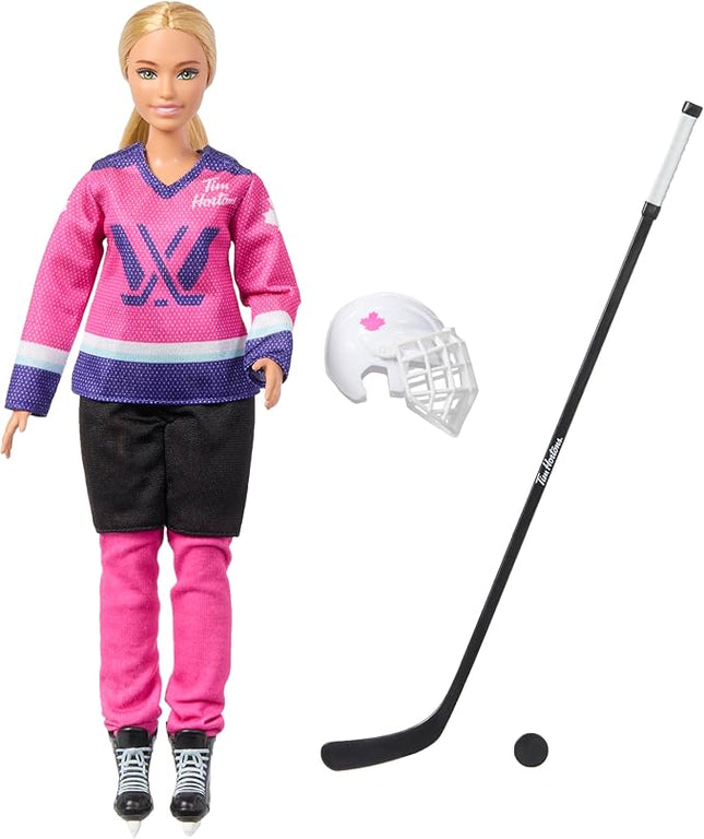 Tim Hortons' Barbie Doll PWHL 2025 Fashion Doll in Pink, Purple, & Teal Hockey Jersey, Includes Hockey Stick, Puck, and Helmet