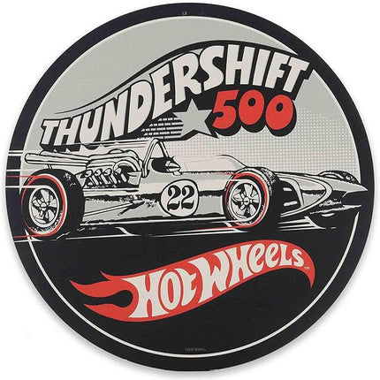 Mattel Hot Wheels Thundershift 500 Round Metal Sign - Vintage Hot Wheels Sign for Kids' Bedroom, Play Room or Man Cave