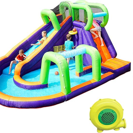 AirMyFun Water Bounce House Inflatable Bounce House for Kids with Blower. Family Backyard Bouncy Castle with Fun Doorway Tunnel, Climbing Wall, Long Safe Return Curved Slide and Ball Shooting