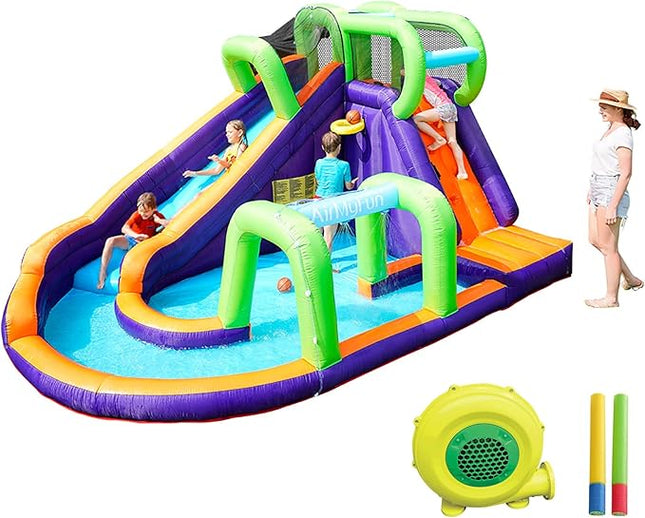 AirMyFun Water Bounce House Inflatable Bounce House for Kids with Blower. Family Backyard Bouncy Castle with Fun Doorway Tunnel, Climbing Wall, Long Safe Return Curved Slide and Ball Shooting