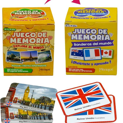 Menique Explore The World Memory Matching Game – Spanish Edition – 100 Cards (50 Pairs) with Iconic Landmarks, Country & Flag – Educational Geography Game in Spanish.