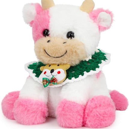 Hopearl Adorable Christmas Plush Cow Toy Floppy Dairy Cattle Soft Stuffed Animal Cute Xmas Gifts for Boys Girls Kids Toddlers, Pink, 9''
