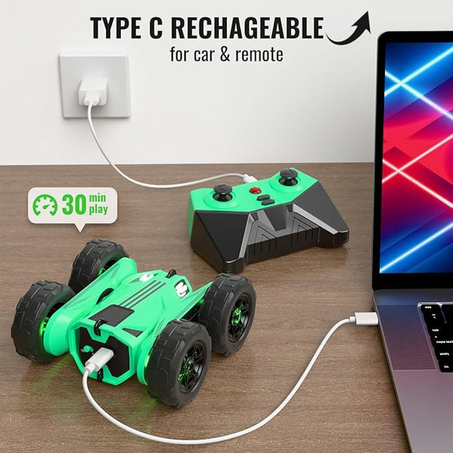 MaxTronic Remote Control Car, Rechargeable RC Cars & Remote - 20km/h Double Sided 360° Rotation Stunt Stunt Crawler with LED Lights for Boys Girls Aged 3-12