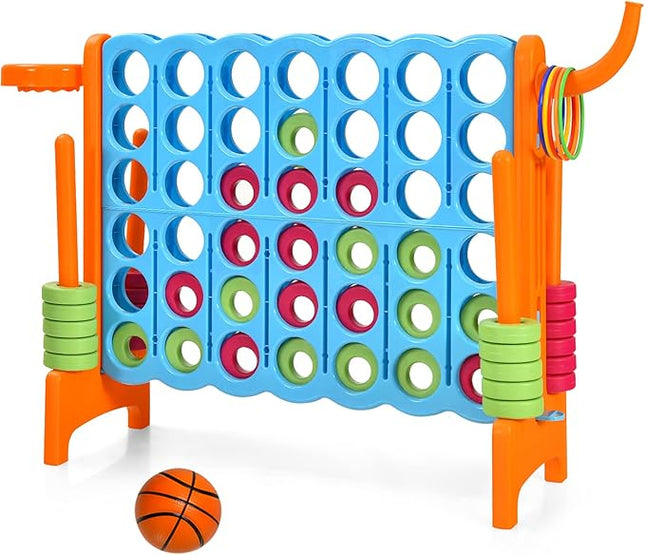 Costzon Giant 4-in-A-Row, Jumbo 4-to-Score Giant Game w/Basketball Hoop, Ring Toss, Quick-Release Slider, 42 Jumbo Rings, Indoor Outdoor Family Connect Game for Kids & Adults, Backyard Games, Orange