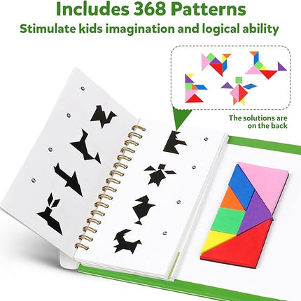 Travel Tangram Puzzle Magnetic Puzzle Book Game Road Trip Game Jigsaw Shapes Dissection STEM Games with Solution IQ Educational Toy for Kid Adult Challenge Brain Teasers 368 Patterns(2Pcs Tangrams)