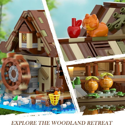 Wood Cabin Mini Building Set with Lights, Forest House Building Block Kit with Animals Stream Waterwheel, 2570 PCS Treehouse Construction Model Toy Collection for Adults Teens Boys Girls 12+