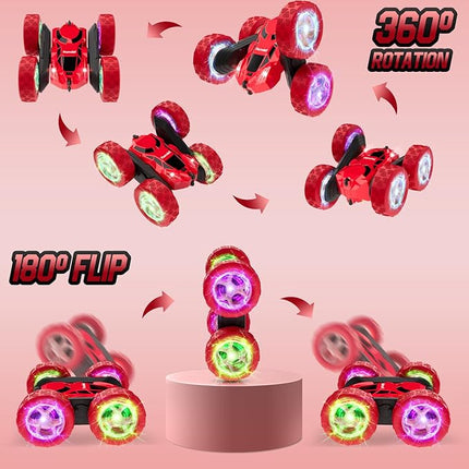 Remote Control Car Double Sided 360°Rotating 4WD RC Cars with Headlights 2.4GHz Electric Race Stunt Toy Car Rechargeable Toy Cars for 6-12 Year Old Boys Girls BirthdayGift (Red)