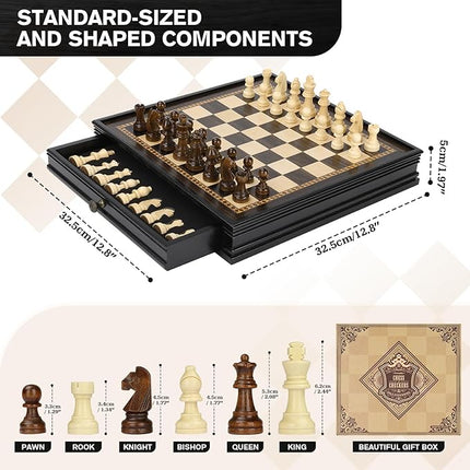 Peradix Magnetic Chess Checkers Board Sets with 2 Built-in Storage Drawers,12.8" Classic 2 in 1 Wooden Games with 2 Extra Queens for Kids and Adults,Travel Portable Chess Game Set