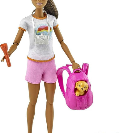 Barbie Hiking Doll Set, Brunette with Puppy & 9 Accessories Including Backpack Pet Carrier, Map, Camera & More