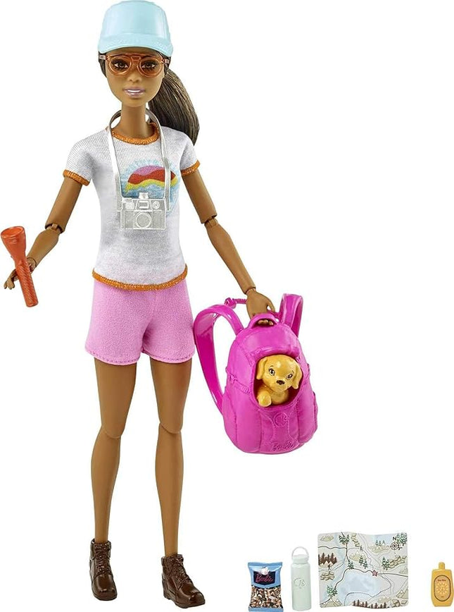 Barbie Hiking Doll Set, Brunette with Puppy & 9 Accessories Including Backpack Pet Carrier, Map, Camera & More