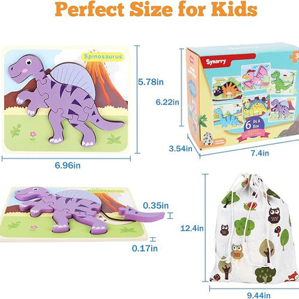 SYNARRY 6 Pack Dinosaur Wooden Puzzles for Kids 3-5, Wooden Puzzles for Toddlers, Dinosaur Educational Puzzles for Toddlers 3 4 5 Year Old, Easter Basket Stuffers Valentines Day Gifts for Kids
