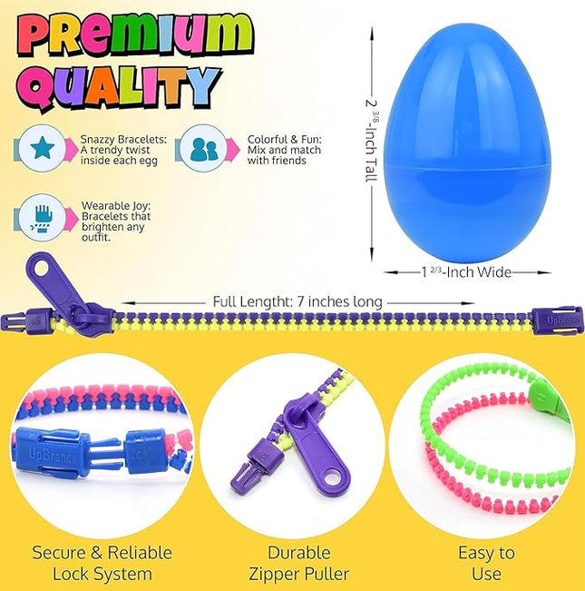 UpBrands 15 Toy Zipper Bracelets in Easter Eggs - Vibrant Pre-filled Easter Eggs with Toys inside for Boys & Girls - Perfect Basket Stuffers, Egg Hunt Prizes, and Birthday Party Favors for Kids