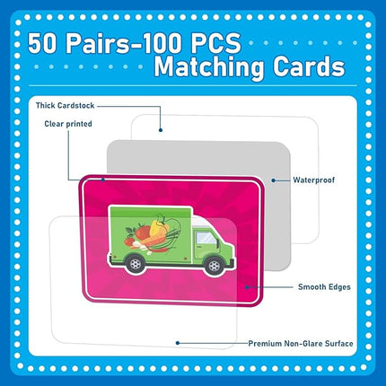 gisgfim 50 Pairs Memory Matching Game Trucks Concentration Memory Card Games for Kids Preschool Educational Ages 3-8 A Fun & Fast Vehicle Theme Matching Games