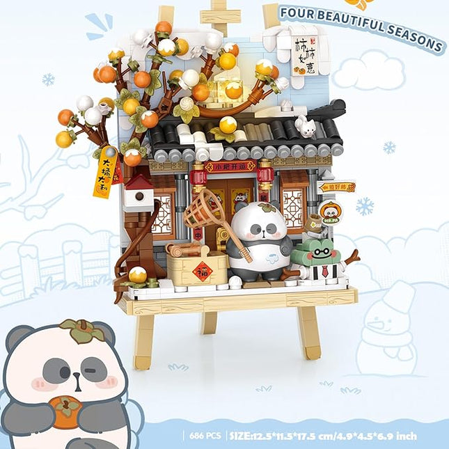 MEIEST Panda Mini Building Blocks Cute 3D Painting Model Set,Creative 4 Seasons' Views Collection Construction Building Bricks Toy,Home Decor (Winter-Persimmon)