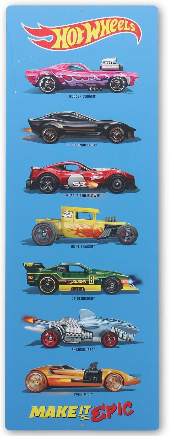Hot Wheels Car Line-Up Vertical Metal Sign - Large Hot Wheels Wall Art for Kids' Bedroom or Play Room
