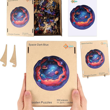 Space Wood Puzzle Adults - 199 Pcs Wooden Galaxy Jigsaw Puzzles for Adult, Stress Relief Planet Creative Game, Fun Family Night Activity, Home Decorative Gift, 11.2x11.1 in