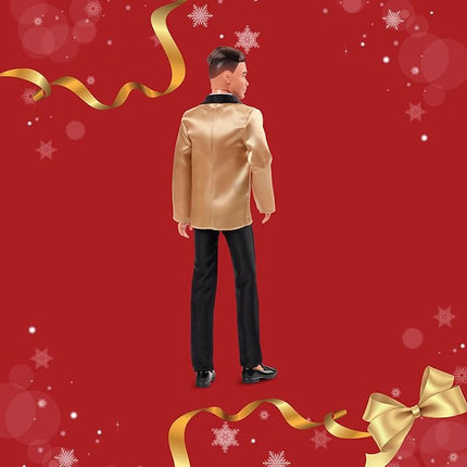 Barbie Signature 2025 Holiday Light Brown Hair Ken Collectible Fashion Doll Wearing Full Suit with Golden Jacket in Displayable Packaging & Doll Stand