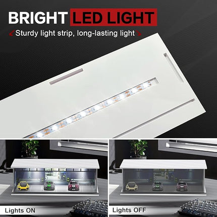 1/64 Scale Diecast Display Case for Hot Wheels Matchbox Cars, Toy Car Model Mini Garage with LED Light and Acrylic Cover, Stackable Parking Lot Diorama Storage for Collection Present