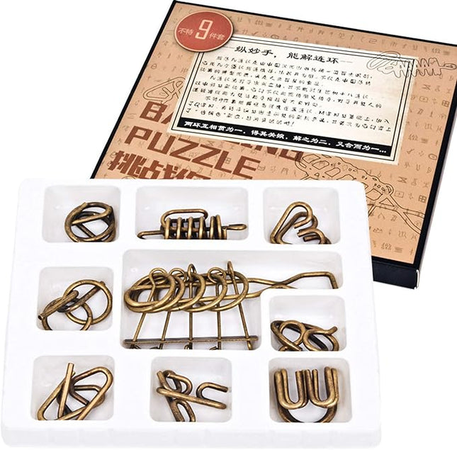 Assorted Ancient Metals Puzzle Brone Color Stress Relief Toys 9 Pack IQ Wire Puzzles with Paper Box Gift Package Great Educational Metals Still Puzzle Games Toys for Children and Adults by AHYUAN