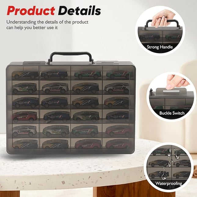 Toy Storage Organizer Case for Hot Wheels Car, for Matchbox Cars, for Mini Toys, for Small Dolls. Carrying Box Container Carrier with 24 Compartments (Box Only) (Black)