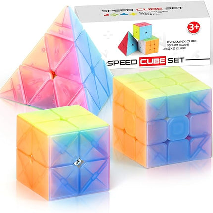 Vdealen Speed Cube Set, 2x2x2 3x3x3 Pyramid Magic Cube Set, Puzzle Cube Toys Birthday Party Christmas Stocking Stuffers Gift for Kids Teens Adults(Jelly Stickerless)