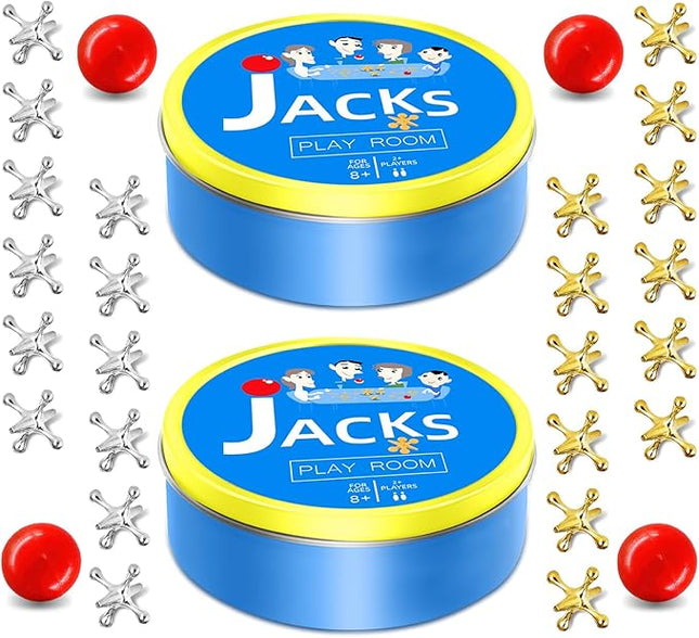 Sisland 2 Packs Metal Jacks Game with Ball, Classic Jax Game Toy for Kids Adults, Old School Jackstones Games Set (24 Jacks + 4 Balls)