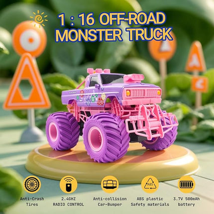 1:16 Scale RC Cars - All-Terrain Off-Road Monster & Pickup Truck, 2.4GHz Remote Control Vehicle Toys for Girls Ages 6-12 (Pink/Purple)