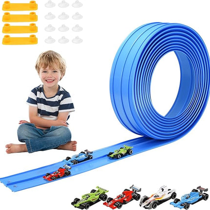Flex Race Car Track 15 Ft for Kids 3+ Toys, with 4 Small Racecars, Suitable for Hot Wheels and Diecast 1/64th Cars, Rolls Up Race Tracks with Strong Suction Cups