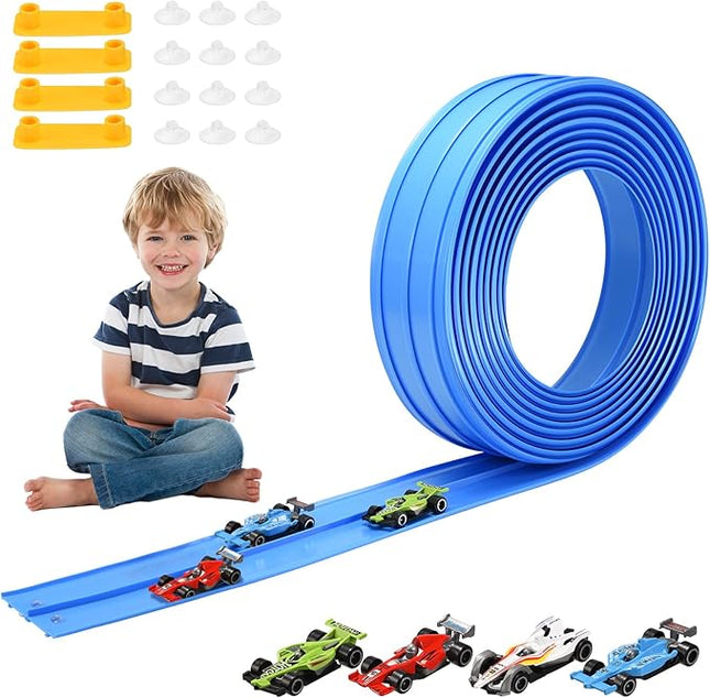 Flex Race Car Track 15 Ft for Kids 3+ Toys, with 4 Small Racecars, Suitable for Hot Wheels and Diecast 1/64th Cars, Rolls Up Race Tracks with Strong Suction Cups