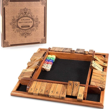 AMEROUS 1-4 Players Shut The Box Dice Game, Wooden Board Table Math Game with 12 Dice and Shut-The-Box Instructions for Kids Adults, Family Classroom Home or Pub (12 Inches)