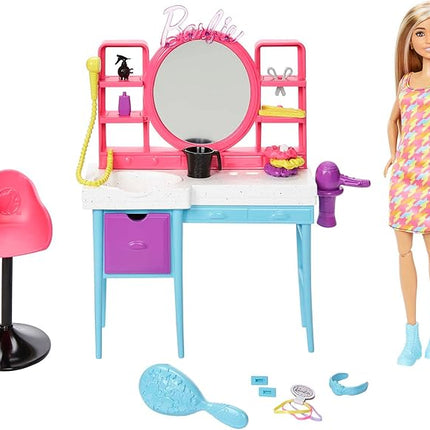 Barbie Doll & Hair Salon Playset with 15 Styling Accessories & Furniture, Long Color-Change Hair & Printed Dress