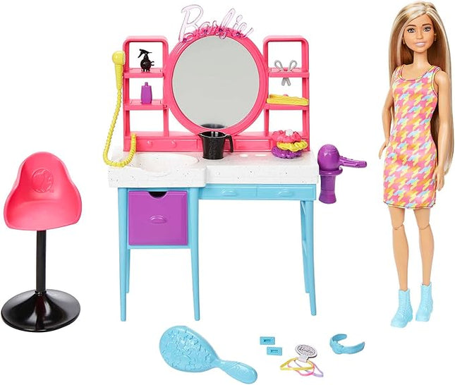 Barbie Doll & Hair Salon Playset with 15 Styling Accessories & Furniture, Long Color-Change Hair & Printed Dress