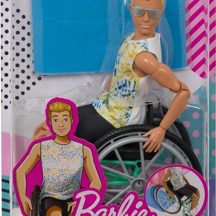 Barbie Ken Fashionistas Doll #167 with Wheelchair & Ramp Wearing Tie-Dye Shirt, Black Shorts, White Sneakers & Sunglasses, Toy for Kids 3 to 8 Years Old