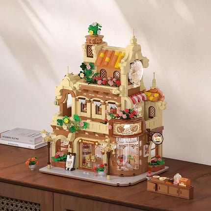 City Bakery Cafe House Building Set with Light, 1289 PCS Baking Shop Building Block Toy with Coffee Cake Bread Bakery Room, Pastry Construction Model for Adults Teens Kids Boys Girls Ages 8-12+