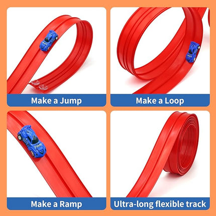 19ft Build Anywhere Portable Race Track with Suction Cups - Flexible Roll-Up Design Fits 1/64 Scale Cars, Portable Toy Gift for Kids 4+ Year Old