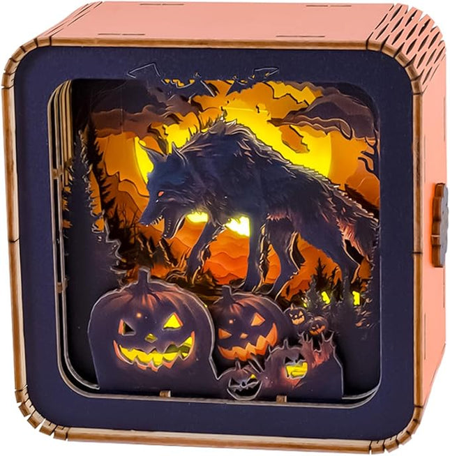 3D Puzzle Nightlight-DIY LED 3D Halloween Wolf Light Wooden Jigsaw Puzzle-Art Lamp and Craft Kits for Kids and Adults-Birthday Gifts Toys-Home Desk Decor Family Game