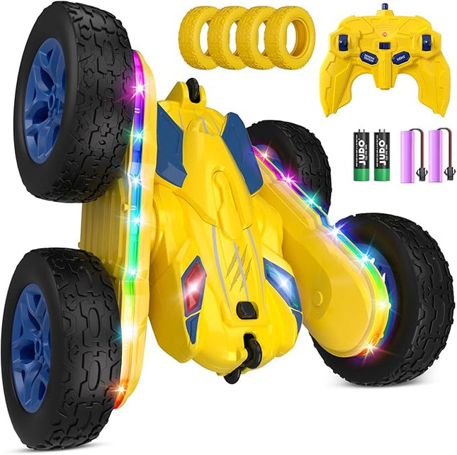 Remote Control Car,RC Cars with Sides Light Strip and Headlights,Double Sided 360 Flips Rotating RC Stunt Car,2.4Ghz All Terrain Toys for Ages 4-6 Kids Toy for Boys Girls Birthday Gift(Yellow)