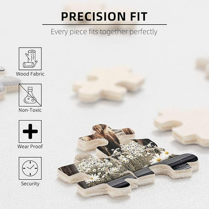 Highland Cow Jigsaw Puzzles 500 Pieces for Adults, Farm Animal & Daisies Country Scene, Rustic Window View Wooden Puzzle, Relaxing Nature Art & Farmhouse Decor Gift