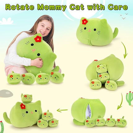 5 PCS Cactus Cat Plush Stuffed Animal Family-19" Soft Cactus Cat Plush, Large Mommy Plushies with 4 Baby Kittens Plushies for Kids, Kawaii Plush Toy Christmas Birthday Gifts for Kids Boys Girls