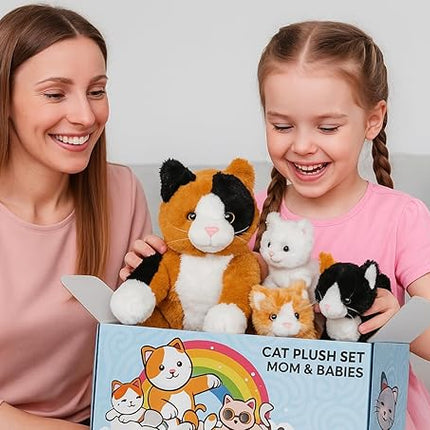 Chirpy Chums Classic Cat Family – Mommy Cat with 4 Kittens – 14” Ultra-Soft Plush Stuffed Animal Toy – Zipper Belly Surprise for Cuddles, Play & Gifts – 5-Piece Kitten Set for Kids Ages 3+
