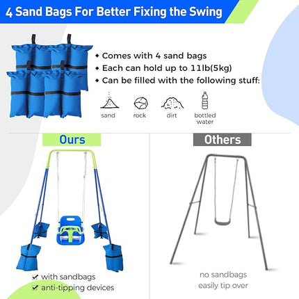 FUNLIO Toddler Swing with Foldable Metal Stand for Toddlers Aged 1~10 Years, 3-in-1 Baby Swing Set with 4 Sandbags for Backyard/Indoor/Outdoor Play, Easy to Assemble & Store - Bluegreen