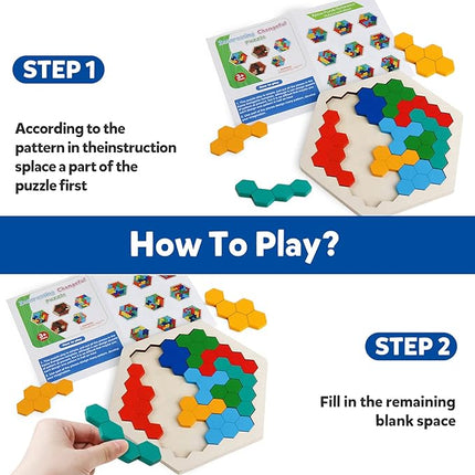 Skrtuan Wooden Blocks Puzzle for Kid Adults Brain Teaser Hexagon Puzzles Games Toy Shape Pattern Block Tangram Geometry Logic IQ STEM Montessori Educational Gift for Kids Boys Girls Challenge