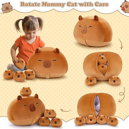 5 PCS Capybara Plush Stuffed Animal Family-19" Large Round Capybara Plush, Large Mommy Plushies with 4 Baby Plushie Toy for Kids, Kawaii Body Pillow Christmas Birthday Gifts for Kids Boys Girls