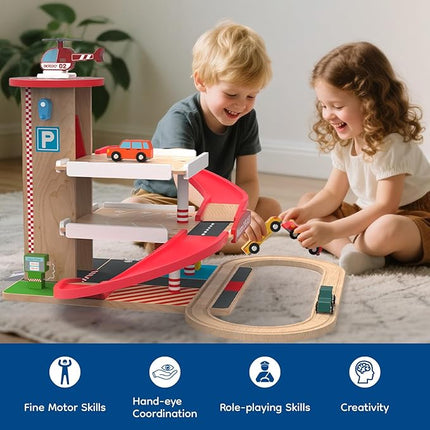 Toy Car Garage with Rails, Wooden Parking Garage Toy Playset w/Elevator, Toddler Race Car Ramp Track Toy Set with 4 Mini Cars for Old Boys and Girls Kids Ages 3+ Birthday Gift Christmas