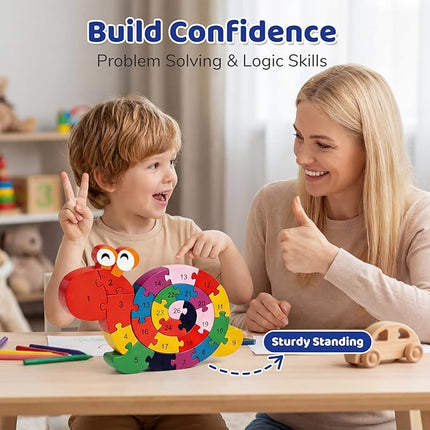 LovesTown Wooden Puzzles for Kids, Double Sided Snail Jigsaw with Alphabet & Numbers, Montessori Educational Toy for Toddlers, Chunky Animal Gift