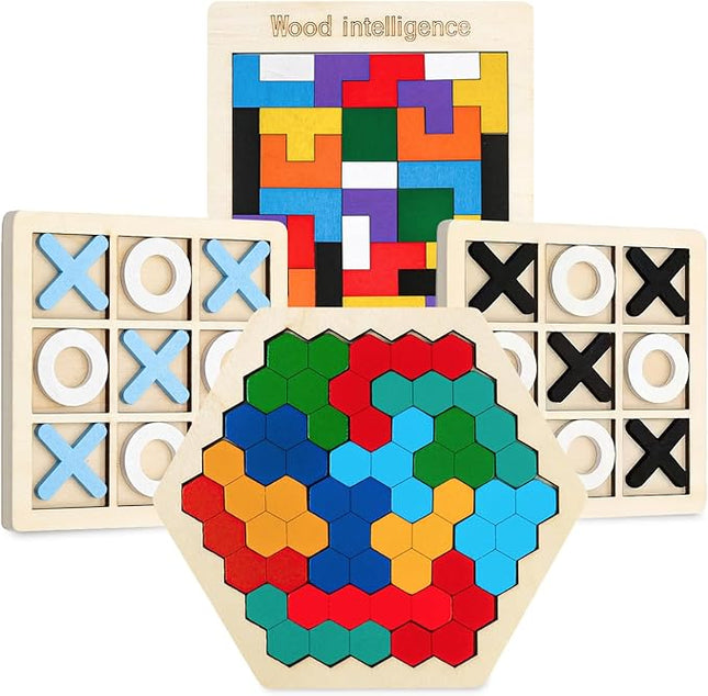 Wooden Puzzles,Geometric Shape Logic Hexagon Puzzle Toys Brain Teasers STEM Montessori Educatioanl IQ Board Games for Kids Boys Girls Ages 3+ (4 Pack)