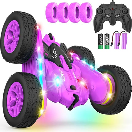 Remote Control Car, Rc Cars Stunt RC Car Toys New Upgraded Strip Lights and Headlights Girl Toys Double-Sided 360° Rotating 4WD Drift Truck for Boys Girls Birthday Gift (Purple)