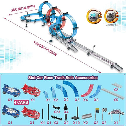 Toy Car Track Set Race with 4 Super Pull-Back Racing Cars, 360°Loops, Turns and Crossover High-Speed Racing Game Circular Overpass Track Gifts Birthday Toys for Boys Kids Age 6 7 8-12