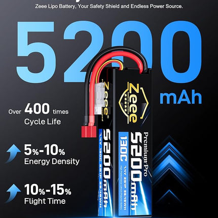 Zeee Premium Pro 2S Lipo Battery 5200mAh 7.4V 130C RC Battery Hard Case with T Plug Compatible with 1/8 1/10 RC Vehicles Car Slash RC Buggy Truggy RC Airplane Racing Models(2 Pack)
