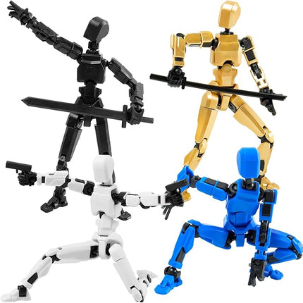 4Pack Assembled Titan T-13 Action Figures Set - Lucky Dummy Nova 13 Action Figure Robot Anime Stick Figures Fidget Toys for Boys Multi Movable Joints Gifts Toys for Kids (Golden+Black+White+Red)